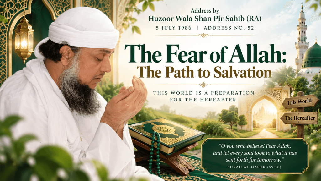 “Islamic-themed banner featuring Huzoor Wala Shan Pir Sahib (RA) praying with raised hands, surrounded by elegant green and gold Islamic motifs, a Quran, mosque imagery, and the English title ‘The Fear of Allah: The Path to Salvation.’”