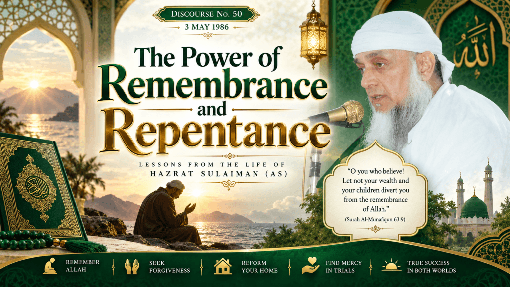 Islamic discourse by Huzoor Wala Shan Pir Sahib (RA) on the power of remembrance of Allah, repentance, and seeking forgiveness, featuring Discourse No. 50 dated 3 May 1986.