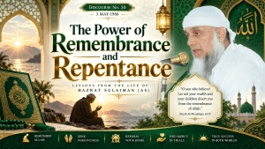 Islamic discourse by Huzoor Wala Shan Pir Sahib (RA) on the power of remembrance of Allah, repentance, and seeking forgiveness, featuring Discourse No. 50 dated 3 May 1986.
