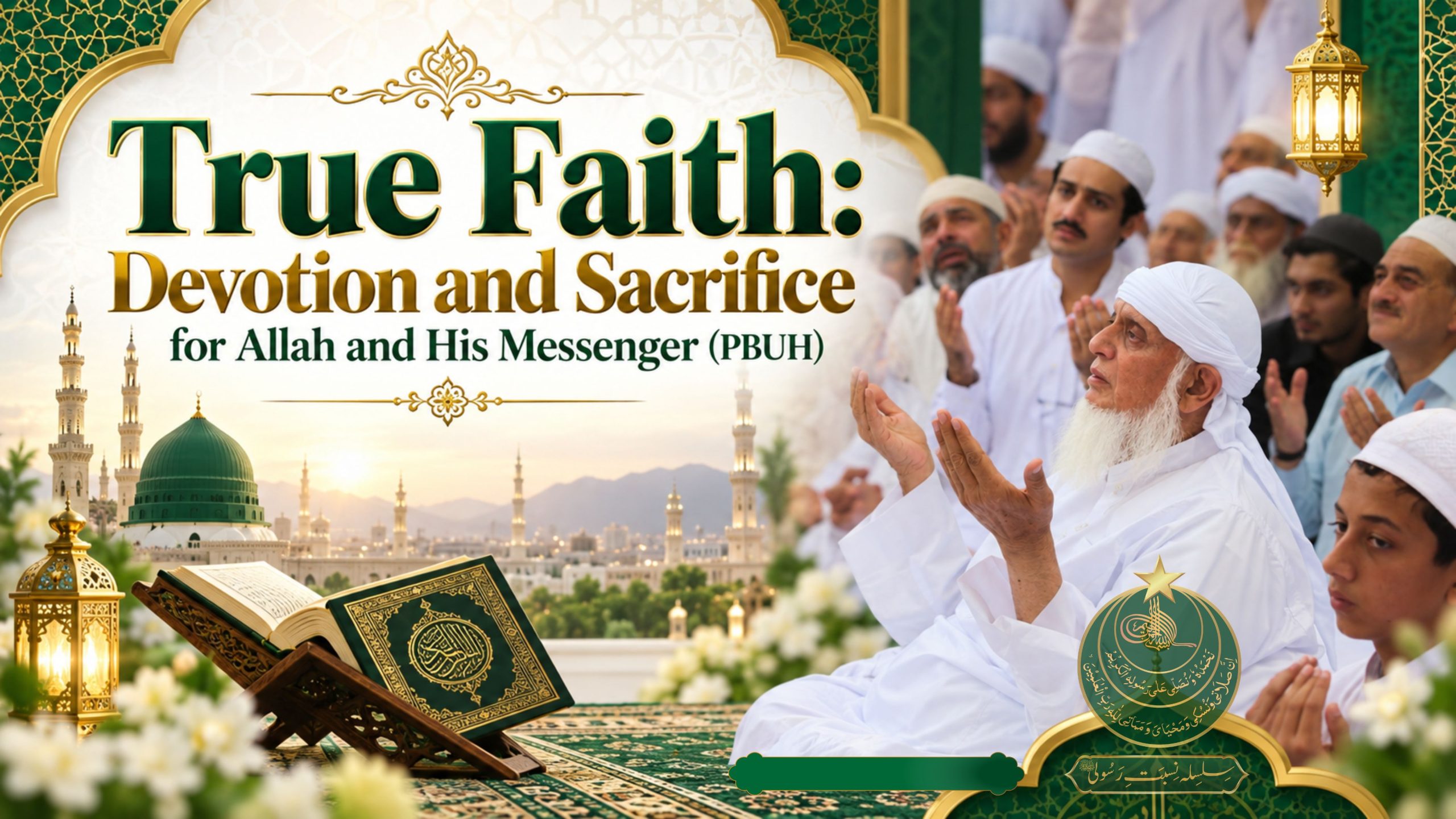Islamic-themed poster featuring Muslim worshippers raising their hands in prayer, an elderly spiritual figure in white attire, an open Quran, a green-domed mosque, and elegant white, emerald green, and gold decorations, with the title “True Faith: Devotion and Sacrifice for Allah and His Messenger (PBUH).”