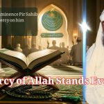 An open Qur’an on a wooden stand inside a peaceful mosque, illuminated by soft golden light, with worshippers praying in the background.