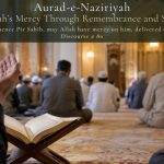 Muslim worshippers raising their hands in supplication inside a beautifully lit mosque, with an open Qur’an on a wooden rehal in the foreground, symbolising remembrance, repentance, and hope in Allah’s mercy.