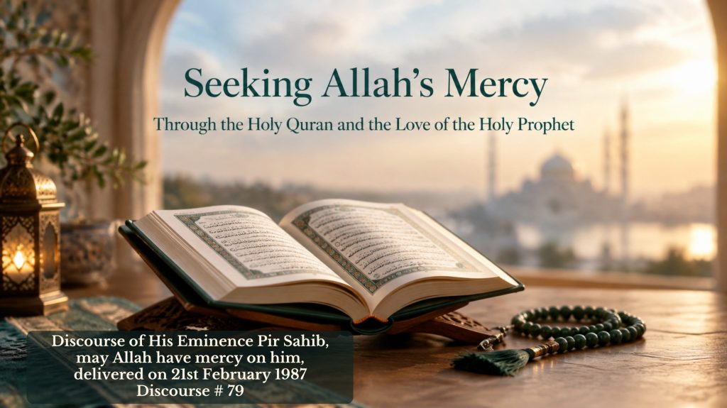 An open Holy Quran rests on a prayer rug beside prayer beads in warm, peaceful light, with the title “Seeking Allah’s Mercy” and subtitle “Through the Holy Quran and the Love of the Holy Prophet.”