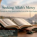 An open Holy Quran rests on a prayer rug beside prayer beads in warm, peaceful light, with the title “Seeking Allah’s Mercy” and subtitle “Through the Holy Quran and the Love of the Holy Prophet.”