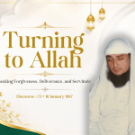 Islamic discourse thumbnail featuring a respected elderly Muslim scholar in white attire, with a white and gold background and the title “Turning to Allah: Seeking Forgiveness, Deliverance, and Servitude.”